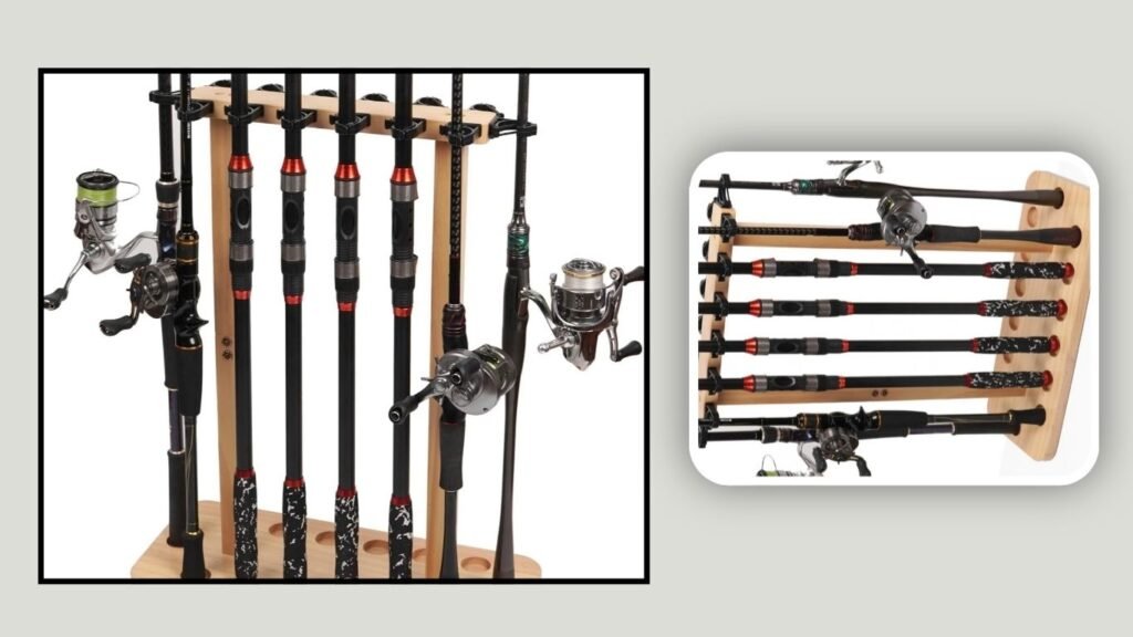  VEYWANE 14-Rod Wooden Fishing Rack – Best for Compact Garage Storage